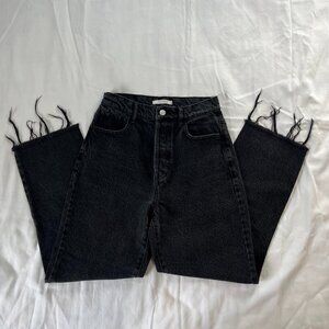 Black High Rise Straight Button Fly Fringe Cuff Denim Jeans | Size 26